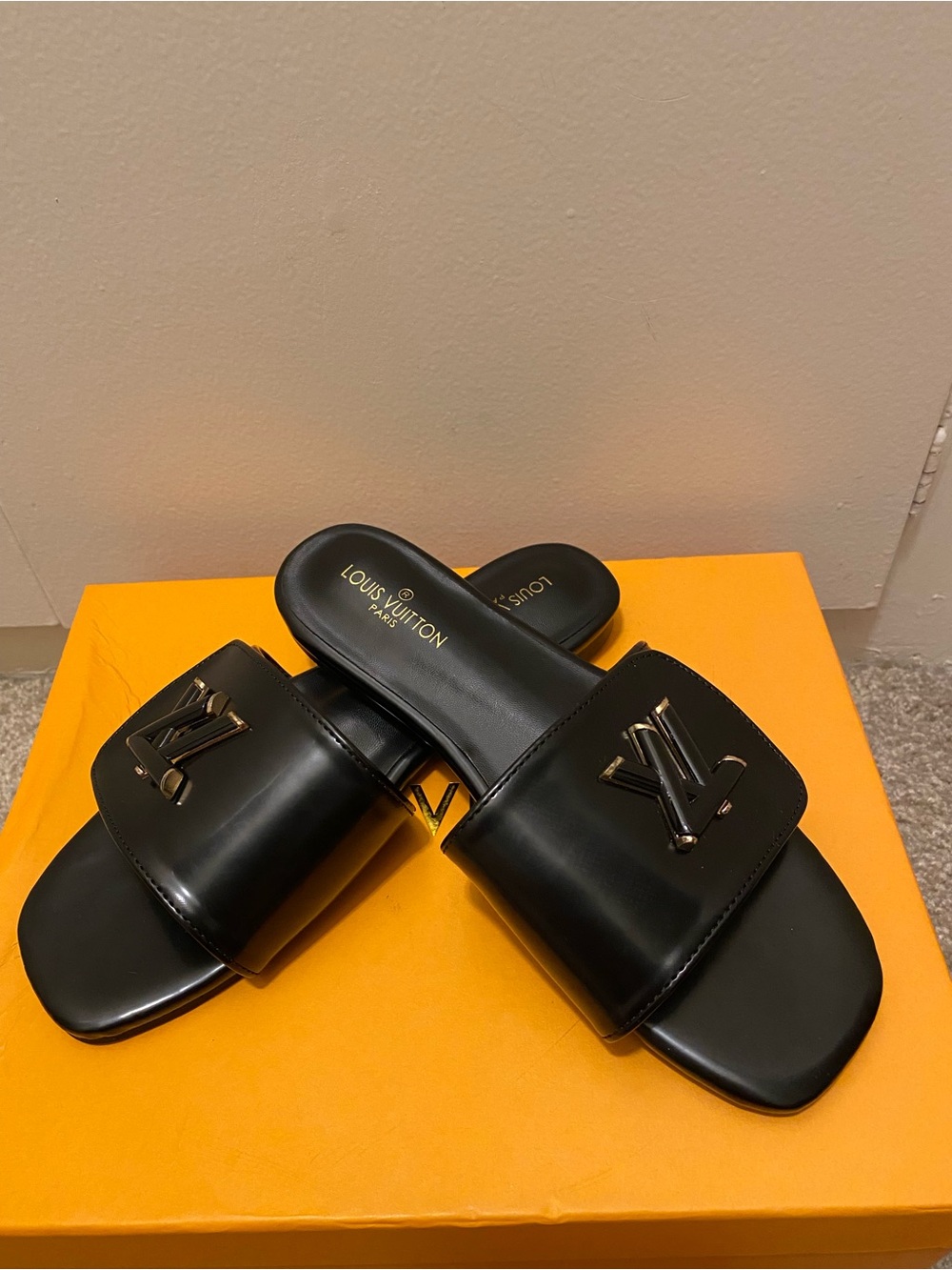 LV Black Leather Logo Slide Sandals